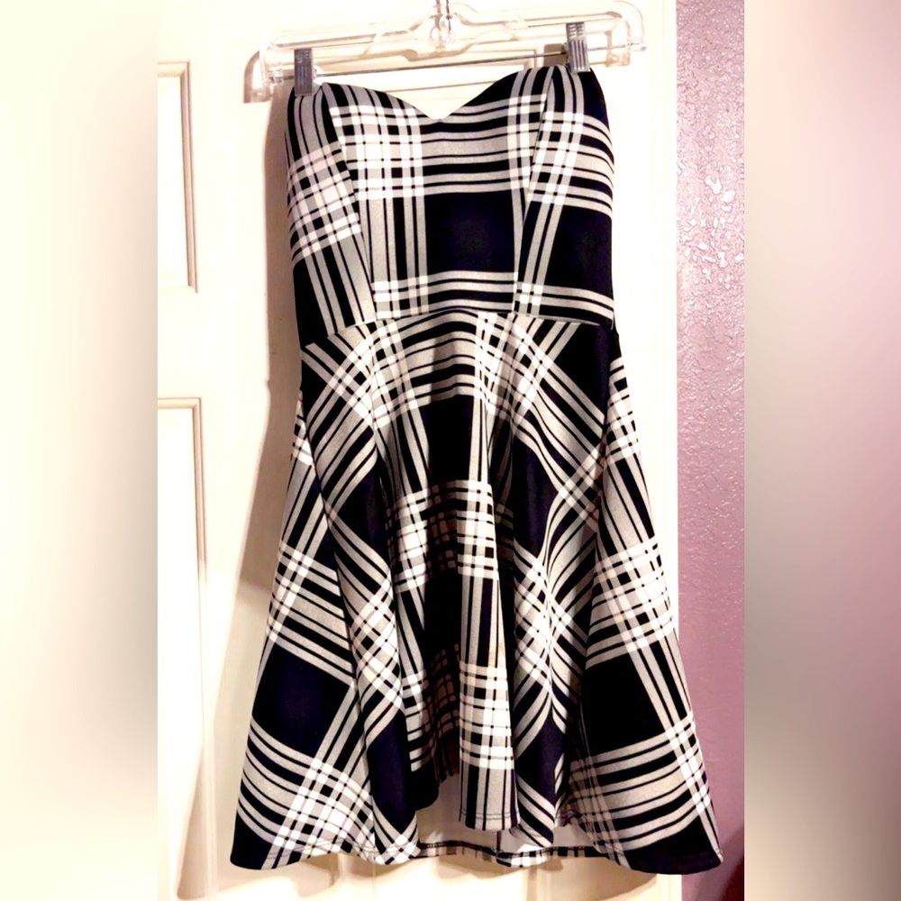 Black and white plaid, strapless dress